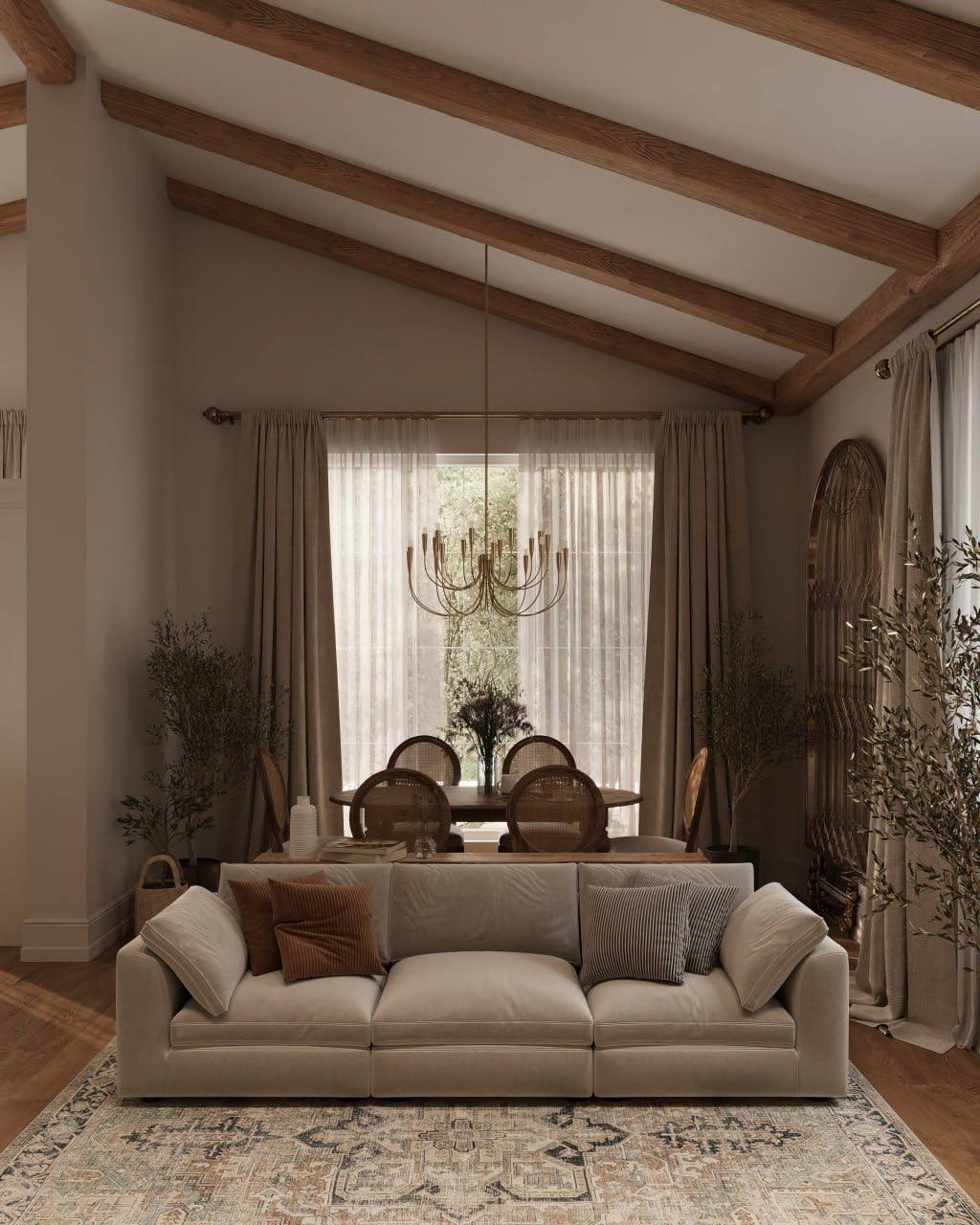 Дизайн гостиной в коттедже с камином и симметричной композицией